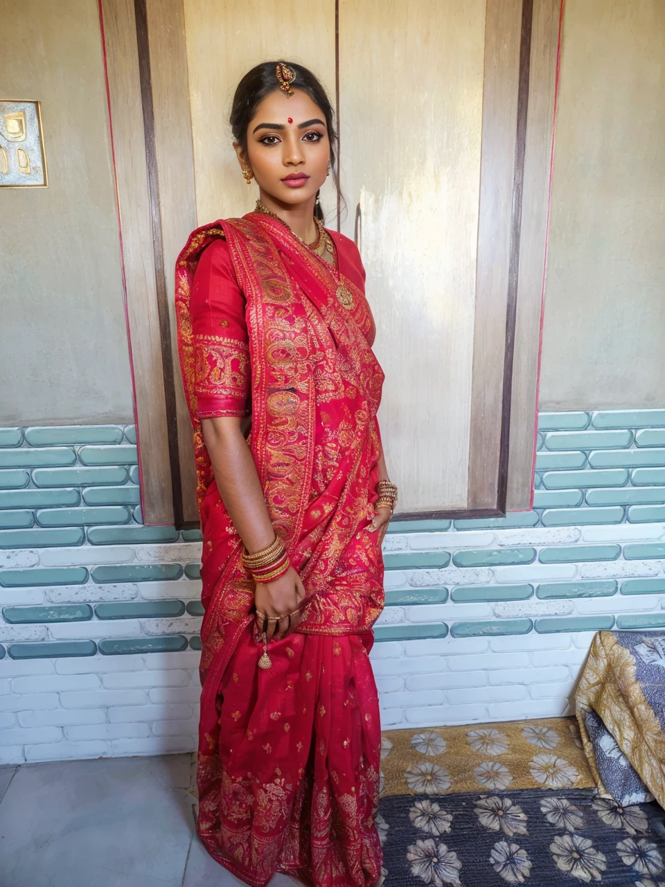 (highly detailed,illustration,intricate,attractive body,beautiful eyes,beautiful lips,extremely detailed face,longeyelashes), ((Full body picture)), cinematic, potrait, dynamic lighting, most beautiful picture, indian celebrity, (wearing traditional indian red saree), traditional indian clothes, indian jewelry, symmetrical face, stunning art, intense look, detailed, red lips, messy strands of hair, detailed hair, intense look, (best quality,4k,8k,highres,masterpiece:1.2),ultra-detailed,(realistic,photorealistic,photo-realistic:1.37),vivid colors,sharp focus,portrait, studio lighting, in a temple, (SFW), (light skin color) full body