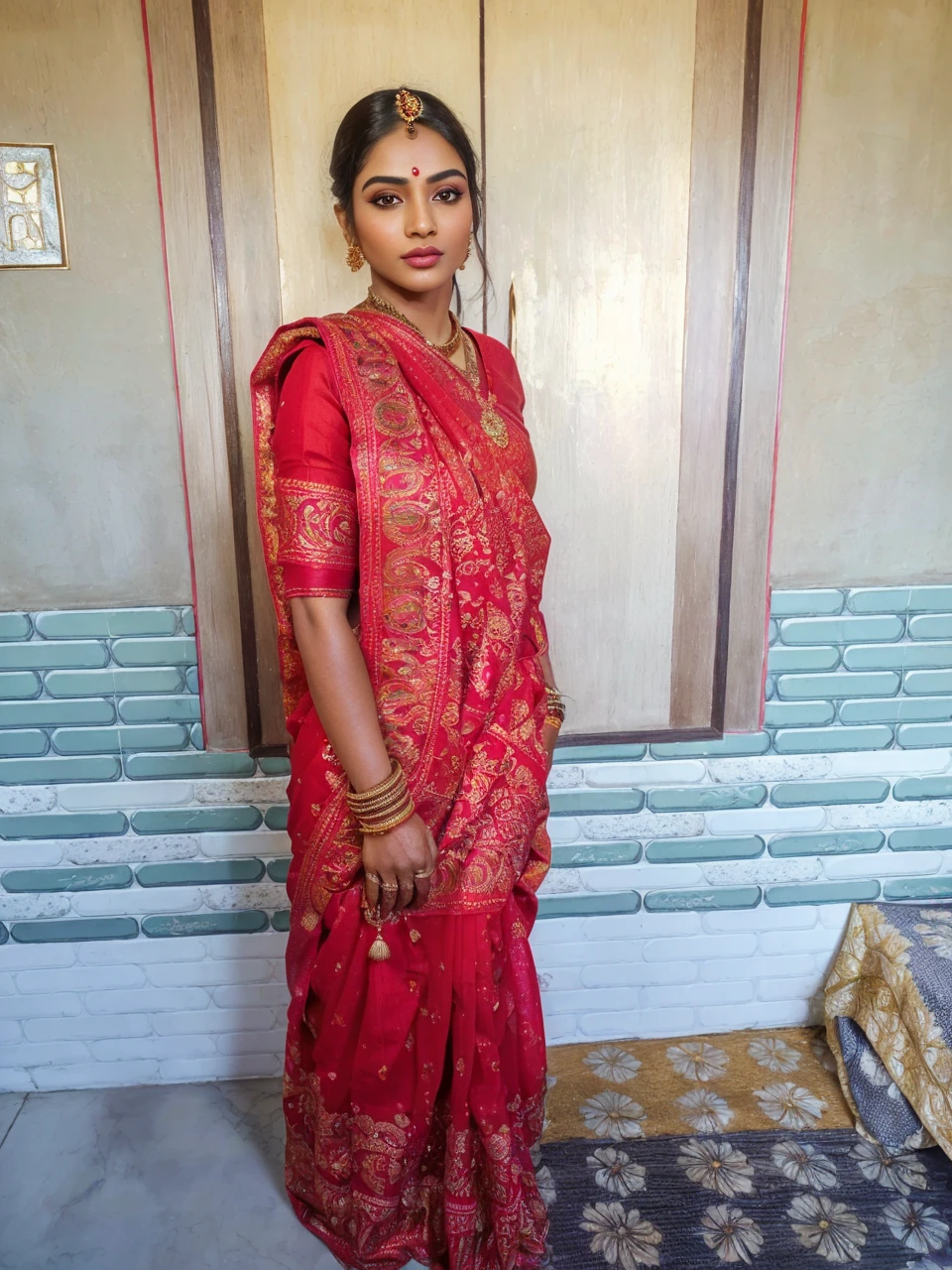 (highly detailed,illustration,intricate,attractive body,beautiful eyes,beautiful lips,extremely detailed face,longeyelashes), ((Full body picture)), cinematic, potrait, dynamic lighting, most beautiful picture, indian celebrity, (wearing traditional indian red saree), traditional indian clothes, indian jewelry, symmetrical face, stunning art, intense look, detailed, red lips, messy strands of hair, detailed hair, intense look, (best quality,4k,8k,highres,masterpiece:1.2),ultra-detailed,(realistic,photorealistic,photo-realistic:1.37),vivid colors,sharp focus,portrait, studio lighting, in a temple, (SFW), (light skin color) full body