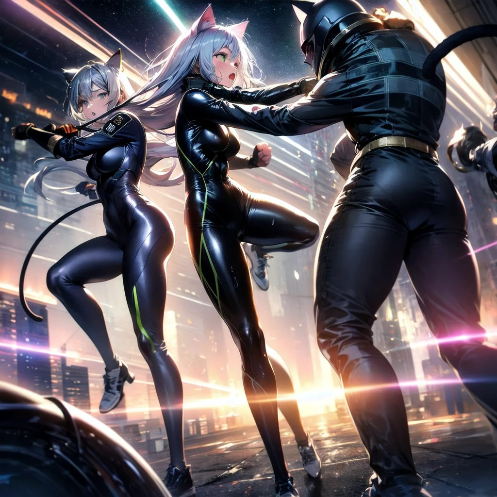 A silver-haired beautiful girl with cat ears eyes are green hair is silver and long clothes: a form-fitting black combat suit The fist is an afterimage The background is a city at night her is in a cat-like fighting pose The year is 14 years monitor, Dark Night, Sweat, Steam of Exhalation, Space, Battle, Dynamic Angle one girl