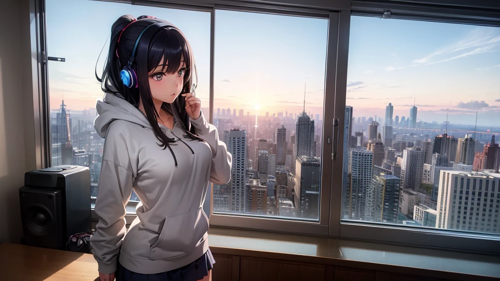 Ultra-high resolution, 8k, (Official Art, beautifully、mysterious:1.2), Anime Art Wallpaper, Works by Makoto Xin Haicheng, Lofi Art Style, Lo-fi feel, Perfect human body composition, Anatomically correct limbs, Structurally correct fingers, 1 female, Impressive eyes, Oversized hoodie and short skirt, Shiny long black hair, Larger than average bust, Girl listening to music with headphones, Looking out the window, City Room, A room for music lovers, city view from the window, Impressive cityscape, Bright Sky, meteor, Wide angle, Before dusk