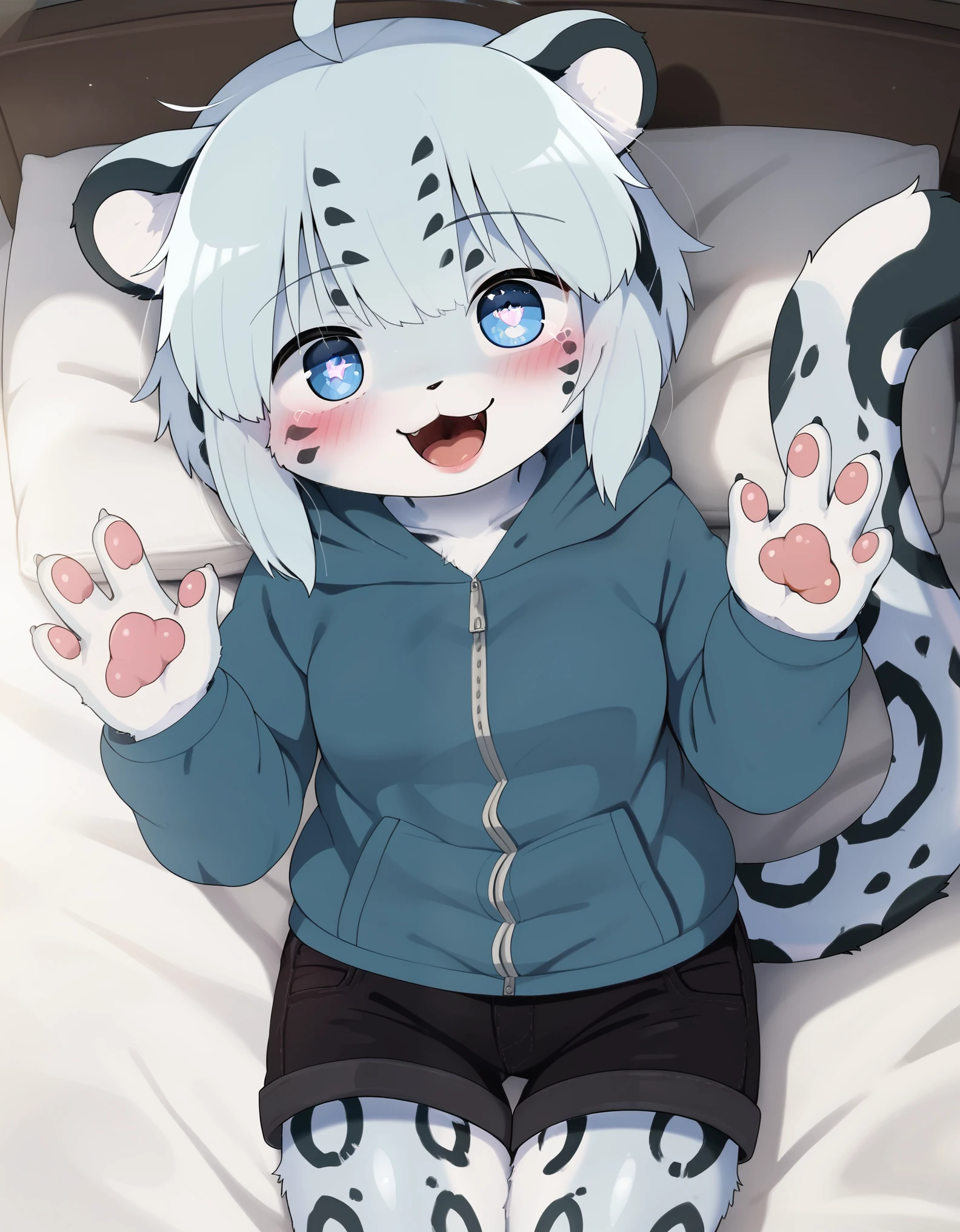 solo, 1girl, female, furry, kemono, anthro, cute face, young, white hair, blue eyes, fluffy body, body fur, short hair, ahoge, bangs, animal ears, tail, leopard ears, leopard tail, detailed eyes, brilliant eyes, 4 fingers, pawpads, perfect anatomy, detailed skin, detailed eyes, detailed lips, perfect hands, perfect face, happy, :D, BREAK black shorts, short shorts, hoodie, hood, BREAK seated on bed, bed, bedroom, blue room, looking at viewer, indoors, colorful, dutch angle, BREAK ((ultra-detailed)), ((best quality)), ((best quality)), ((beautiful eyes)), ((extremely detailed)), 4K, (8K), best quality, (beautiful), Master piece, highres, score_9, score_8_up, score_7_up, score_6_up, colorful, best quality, official art, highres, masterpiece, nai3, god light, detailed background, high quality background,AddXL