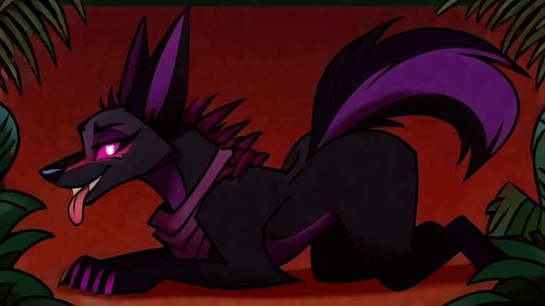 (masterpiece, best quality:1.2), Vortex female feminine hellhound, anubis jackal, furry, black fur, helluva boss, glowing purple eyes, tongue out, he wears a black t-shirt with a gray vest with red spikes on the shoulders and black pants. running on all fours, jungle background, profile picture, full body image