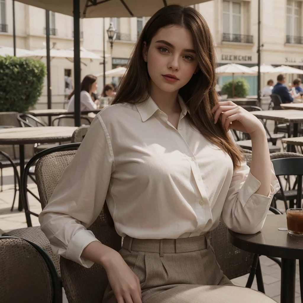 Sophia Lillis, thick woman, long straight hair, photograph quality, eyeshadow and lipstick, blouse and slacks, sitting in a chair at an outdoor cafe in Paris 