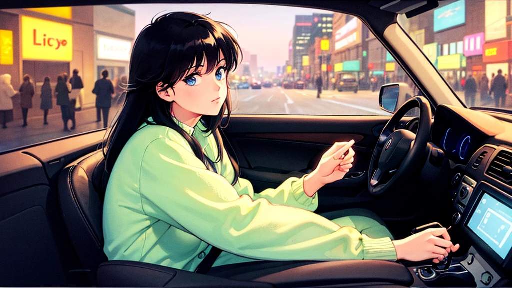Create an image from the angle inside a car, showing a woman with a thoughtful expression on her face as she gazes out of the side window at the cityscape. The city outside should be visible, illuminated by streetlights and neon signs. Use soft, pastel colors and subtle gradients to capture a dreamy, reflective atmosphere. Ensure the interior of the car feels cozy and comfortable, adding to the overall serene vibe. 80's city pop style.
