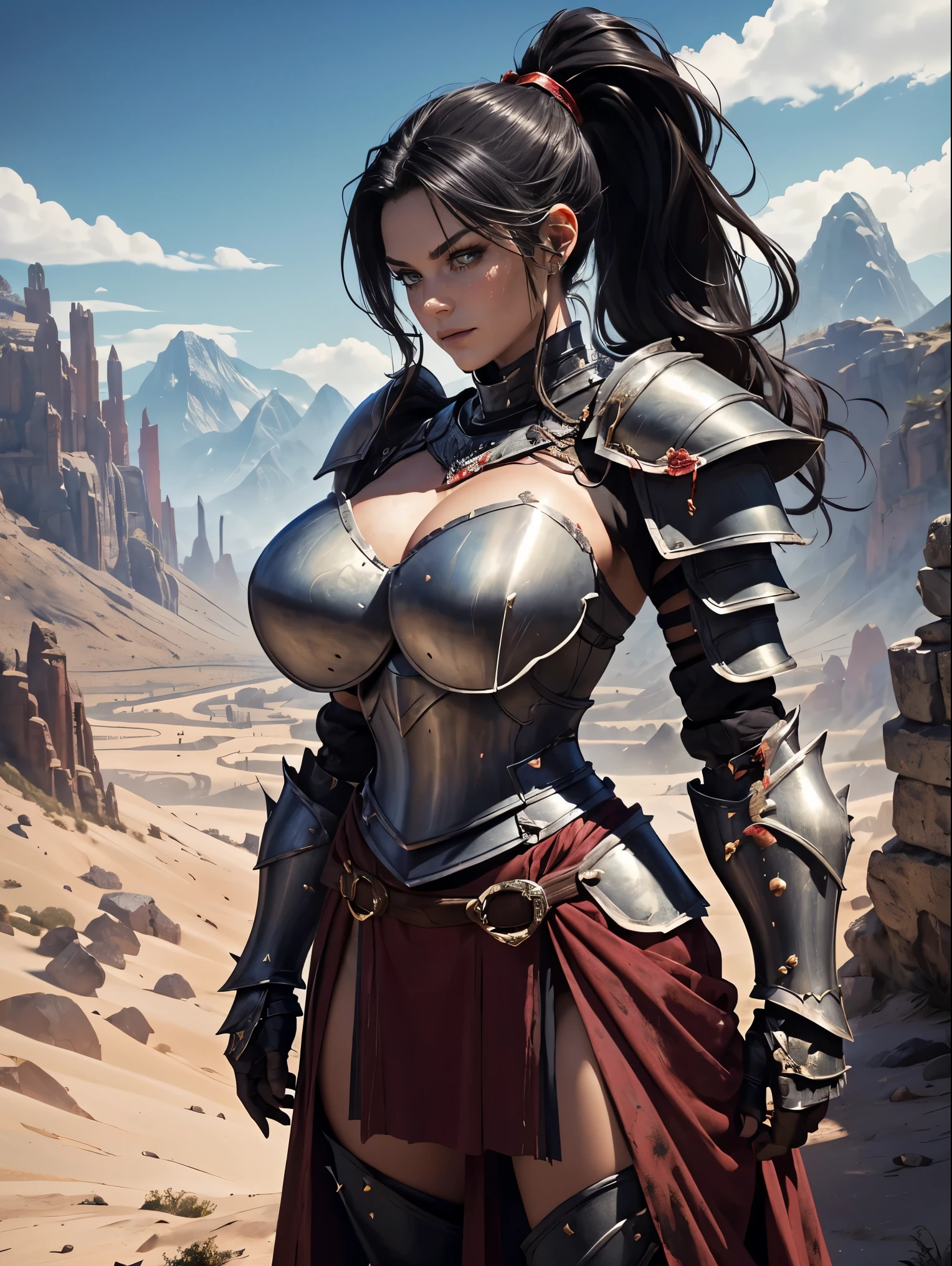 (masterpiece, top quality, best quality, official art, beautiful and aesthetic:1.2), (1girl:1.3), ((Sharp facial features, sharp features, hawkish features)), ((big hair, long black hair, ponytail)), big tiddy chaos warrior girl, extremely detailed, portrait, looking at viewer, solo, (full body:0.6), detailed background, full-body shot, (hot desert mountain theme:1.1), chaos warrior, (spiky helmet), charlatan, smirk, mysterious, swaying in mountains, armor, red metal, brass trim, long boots, dual axes, blood red fabric, pelvic curtain, loincloth, black leather, ((((armor, heavy armor, blood, armored, gigantic breasts, long legs, pelvic curtain, toned, muscular)))), cute belly button, toned tummy, slim waist, slim hips, long legs, medieval (mountain exterior:1.1) background, dark mysterious lighting, shadows, magical atmosphere, dutch angle