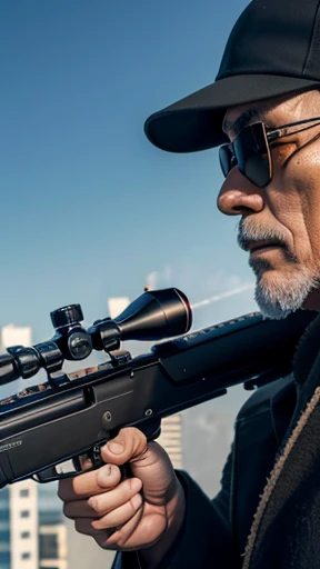 highres, 8k, ultra-detailed, realistic, photorealistic, cinematic, dramatic, masterpiece, 63 years old japanese man, bald, sniper, sniper rifle:1.4, on top of building, aiming rifle, taking shot:1.5, wearing sunglasses, long coat, precise, intense, action, focused, determined expression