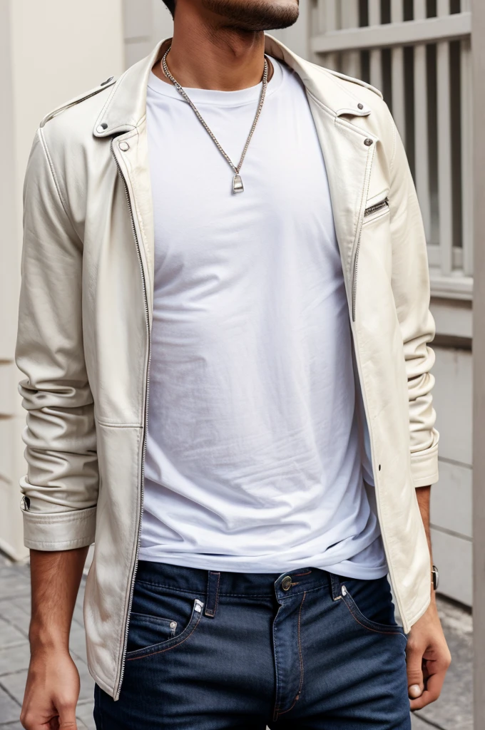 A man wearing creamy white t shirt and navy blue pants and a leather jacket above t shirt