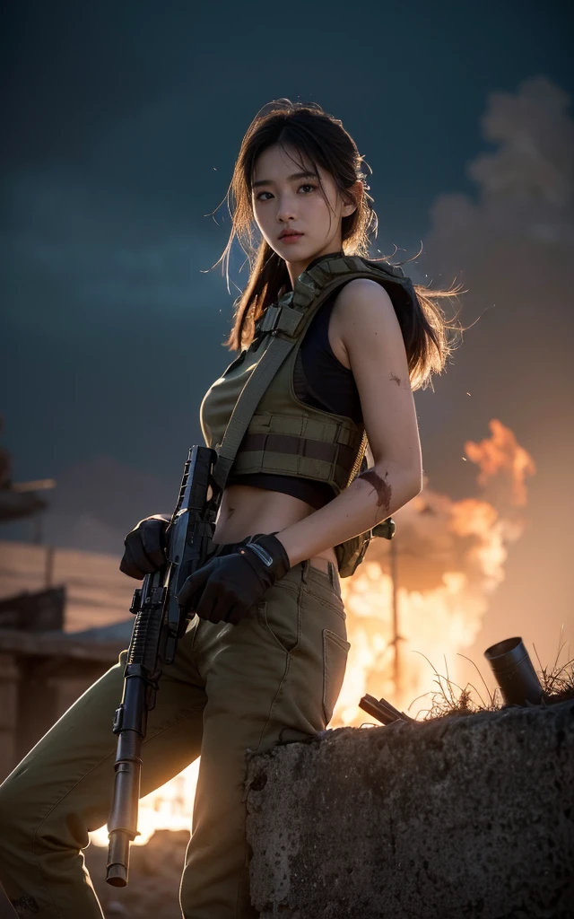 (8K, RAW photos, best quality, masterpiece:1.2),(Practical, Practicalな写真:1.4),(非常に詳細な CG Unity 8K 壁紙),(Round Face: 1.5), (Fine pupils:1.3),(Cold eyes:1.1),(Smile:1.1),(Unforgettable eyes:1.1),(You have beautiful eyes:1.1),
24 years old, Japanese women, Dirty face, covered in wounds、Bronze skin, You are wearing clothes.s. Marines,Bulletproof vest、Backpack、heavy machine、 Battles on the battlefield, Strong muscles, World War, Modern warfare theme,Girl, Assault rifle with precise details, (Grip the rifle: 1.3), (Aim and hold the rifle.: 1.3), Shootout, , car on fire, War Zone,, explode, Burning City, cigarette, Broken Tower, belly button, Gloves, Torn pants, Face covered in dirt and blood, Sweating of the skin, Bloody Skin, muddy skin, Declaration of determination, Precise expression, best quality, Ultra-high resolution, Practicalな, 、Physically Based Rendering(Physically Based Rendering(Physically Based Rendering)), Cinema Lighting, complicated, Feeling,Soft Light, Pleasant tone, Battlefield Background, city war background, Practical, Cowboy shooting, Dynamic Angle,, Mahindra Thar, electric wire, 8K!!, 偉大なmasterpiece,, Production: Tom Karafik,full-body shot