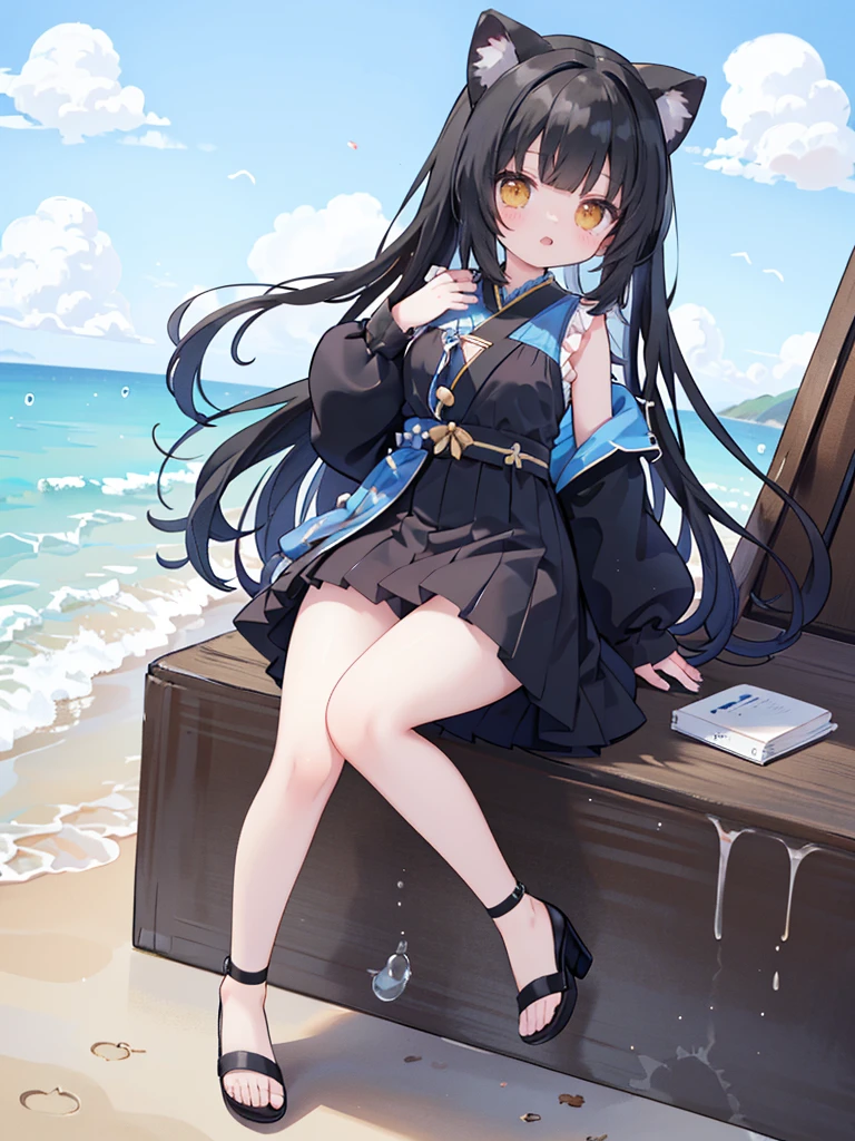 坐At the beach上豎起貓咪耳朵的動漫女孩，seductive anime girl，Have black hair，Yellow eyes，，Beautiful anime女孩，Cute anime girl，Anime cute art style，Cute anime waifu wearing black clothes，Black mini skirt，非常Beautiful anime貓女孩，At the beach，Beautiful anime女孩，Beautiful anime，Beautiful anime貓女孩，Charming anime girl，have beautiful legs，Wearing black strappy high heels