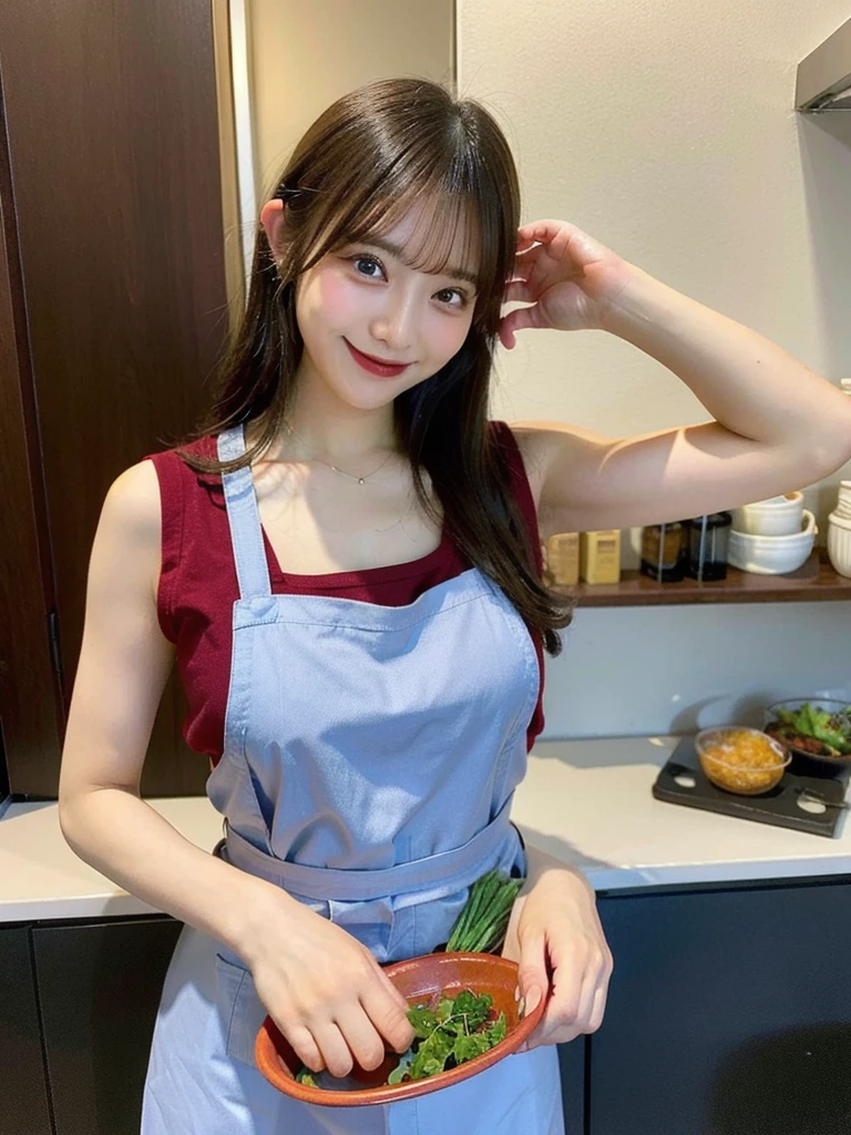 a woman is cooking、(kitchin_apron:1.Wear 3)、Good Hand、4K、hight resolution、​masterpiece、top-quality、cape:1.3、((Hasselblad photo))、Fine skin、sharp focus、(lighting like a movie)、Soft lighting、dynamic ungle、[:(Detailed face:1.2):0.2]、Medium chest、sweats streamed skin:1.2、(((In the kitchen))) Cute smile　Viewer's Perspective　Colossal tits　Tying hair　Sleeveless　Put out your upper arm　Shoulders are sticking out　Cleanliness　Large kitchen　Beautiful kitchen　wine glasses　Show ears