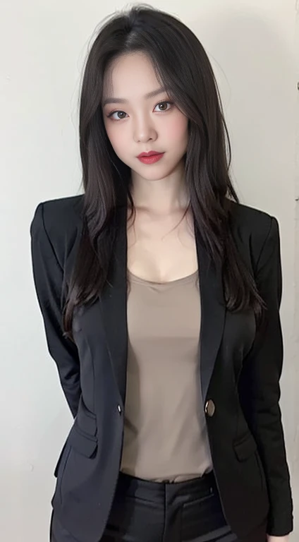 (best quality, masterpiece:1.2), white background, realistic, crew neck, closed-neckline, pants, (business jacket:1.2), (brown hair:1.2), big eyes, beautiful woman, smile, eyelashes, highly detailed face, fierce look, angry look, (ao dai: 1.2), looks like a naughty celebrity but is a good girl