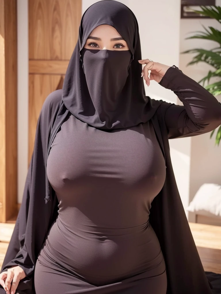 4k, high quality, nice lighting, soft lighting, realistic, dark eyes, sexy, big breasts, thick thighs, wide hips, muscular, arabic dress, Jewelry, sexy lady, asian, hijab, niqab, sexy pose, showing big thighs, nice body, natural largest breast