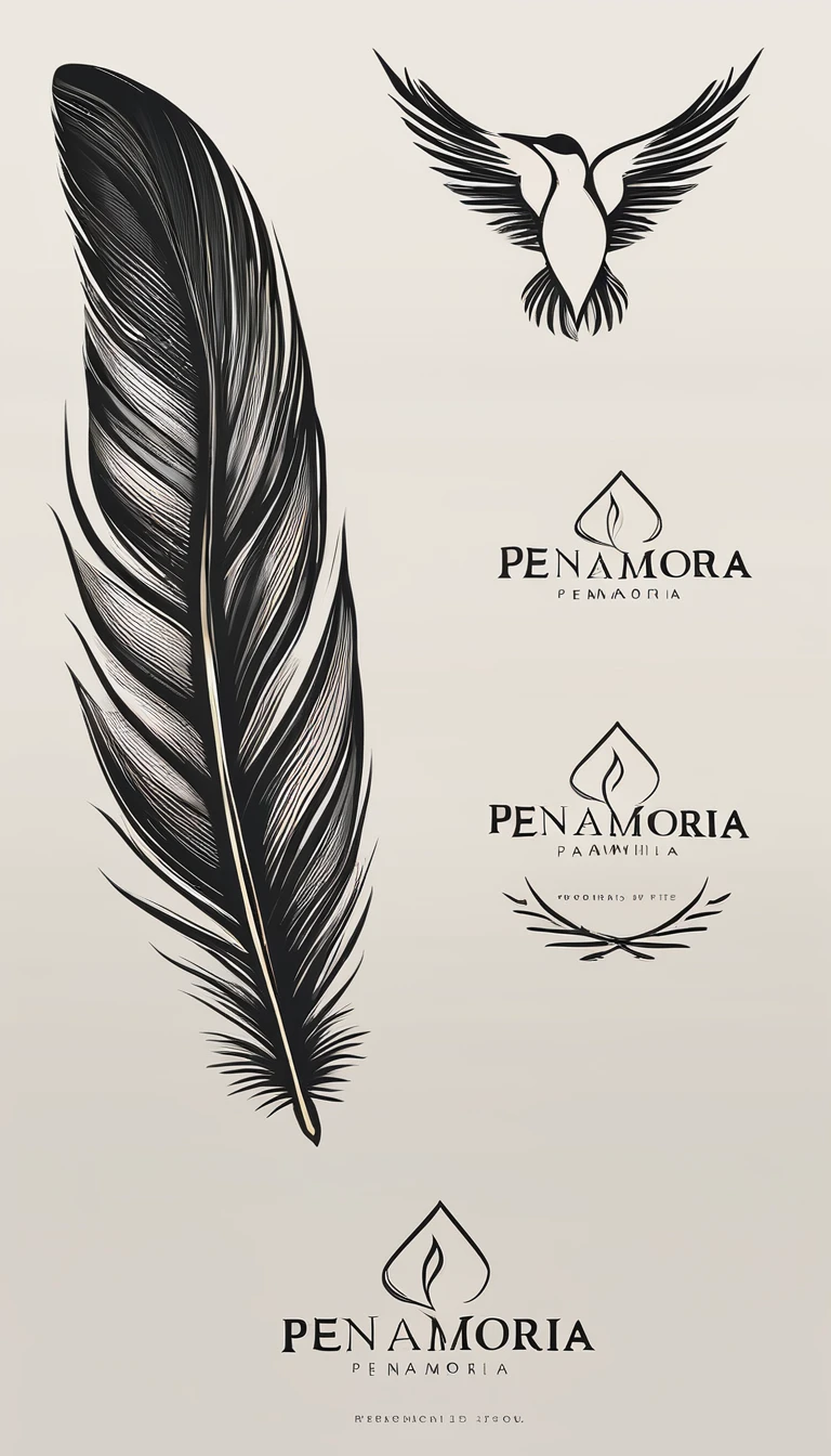 A minimal, modern, simple, cinematic logo design for the brand “Penamemoria". Create a modern, minimalistic, high-quality, logo of a bird feather