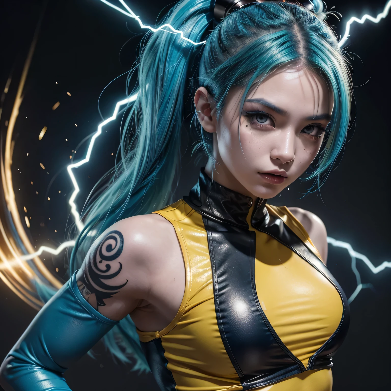 A tattooed, slightly muscular girl with blue hair and yellow highlights, with a rebellious appearance. She possesses powers of electricity and wears a stylish costume to contain her power, with electric currents around her symbolizing her ability. She is from the Philippines.