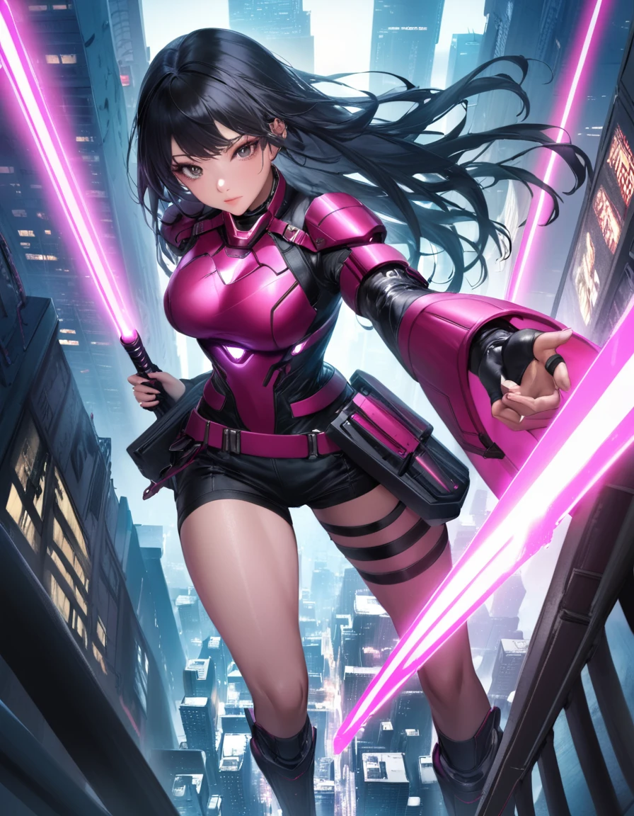 ultra realistic, (hollywood blockbuster movie poster), (title logo “ENTER THE LIGHT CITY”:1.3), cyberpunk city background, cyber samurai girl, black hair, long hair, hold light saber, pink cyber samurai armor, (action pose:1.2), from {above|below|side|behind}
