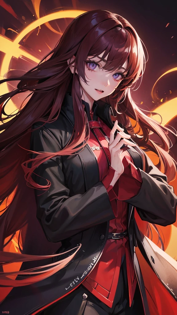 (Top resolution、Distinct_image)top-quality、A girl、masterpiece、highly detailed, half body, Semi-realistic、purple eyes 、18year old, dark red hair,young 、Exquisite facial features、Facial features ,variation potrait, long hairstyles, age, cool , cold sharp eyes, An expression of despair., lifeless eyes, blood on face, , {Very detailed 8k CG unit wallpaper}, Handsome, solo, female, vampires, dark cloak , loyalty , black clothes, vampires fangs