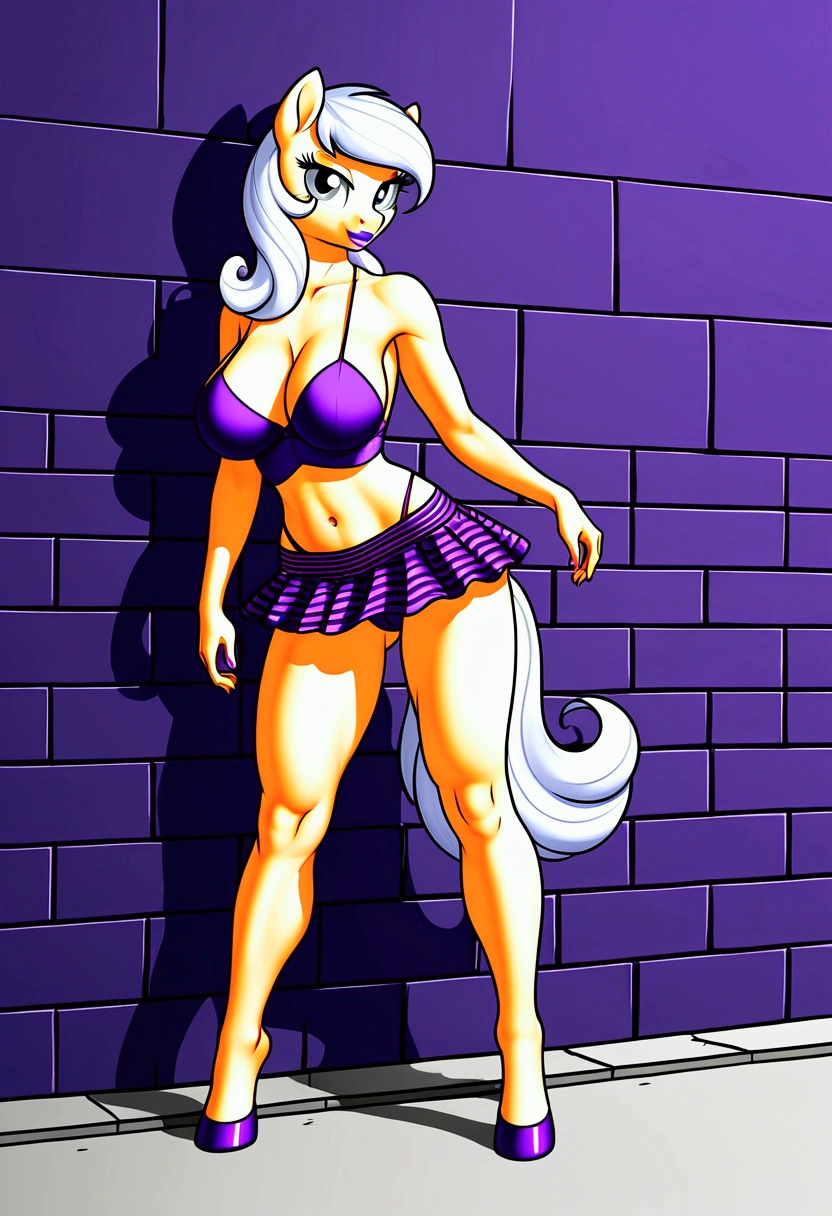 vibrant colors, 8K, high resolution, highly detailed, masterpiece, ((my little pony)), (black striped white hair), (pale white body), (gray eyes), standing, big breasts, beautiful body, purple lips, thong, slave, short patterned skirt, light top, ((slut pose on wall)), street