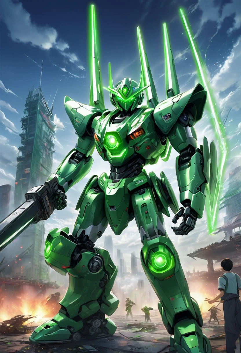 A humanoid robot that values the color green、He is fighting an enemy robot with a beam saber.、The green robot has a sharp angular design.、Features glowing eyes and mechanical details、The green robot「UMACA」characters are printed on it.、In the background is a ruined cityscape.、The lights and smoke of battle rise、The sky is covered with grey clouds