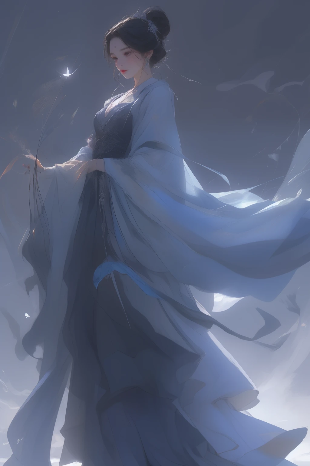 This is a masterpiece of an image, showcasing a best quality representation of a Chinese girl, embodying the essence of ancient China. Set against the backdrop of a striking night scene, the girl is positioned amidst a starry night, with the moonscape and nightscape serving as her ethereal stage. The image features a single lovely girl with long, black hair that cascades down her back like a waterfall of dark silk. Her dark brown eyes sparkle with an irresistible charm, and her dress, reminiscent of Xianxia, is crafted in a dark blue hanfu, making her stand out against the night.

The dress is adorned with silver accessories
