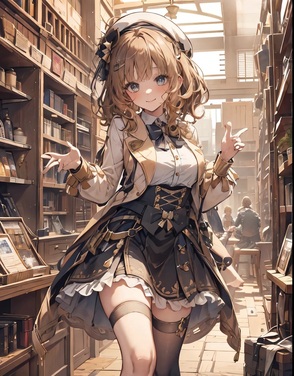 masterpiece, 1girl, sparrow, a dark blonde haired girl, wearing a , curly short hair, messy hair, slim body, golden school blazer, he close her left eye, shirt ornament, ruby eyes, ahoge, , bige breast, beautiful breasts, rounded breasts, long sleeves, beautiful eyes, white stocking, droopy eyes, skirt, black skirt, plaid skirt, her age is 19 years old, library, bowtie, tight shirt, skirt, nilou (genshin impact), lovely face, medium hair, lovely smile, curly hair, white beret, sit, innocent face, low ponytail