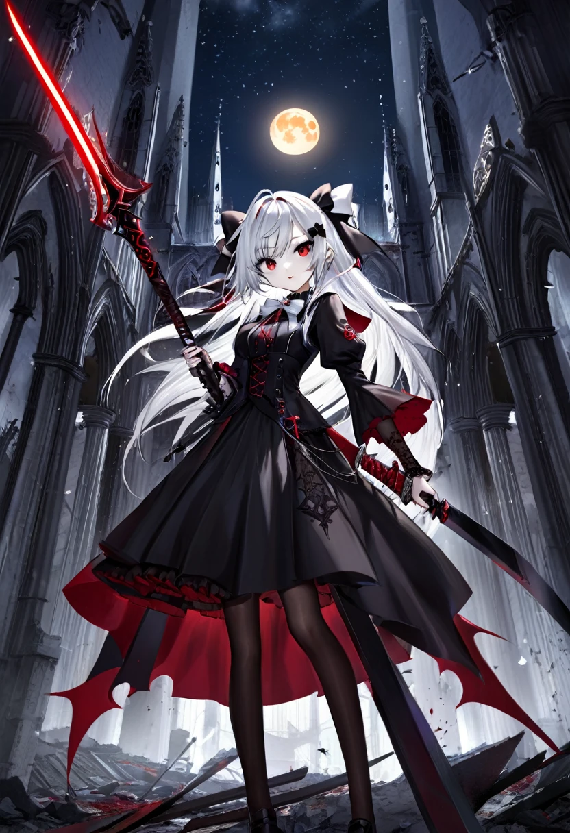 1 ager girl, vampire, elf, young, black gothic dress, red right stocking, black left stocking, red eyes, white hair with bow, two handed sword, weapon two handed sword, against the backdrop of the red moon, abandoned gothic church, night, looking at viewer, majestic pose, 8k, masterpiece, high res, ultrasharp