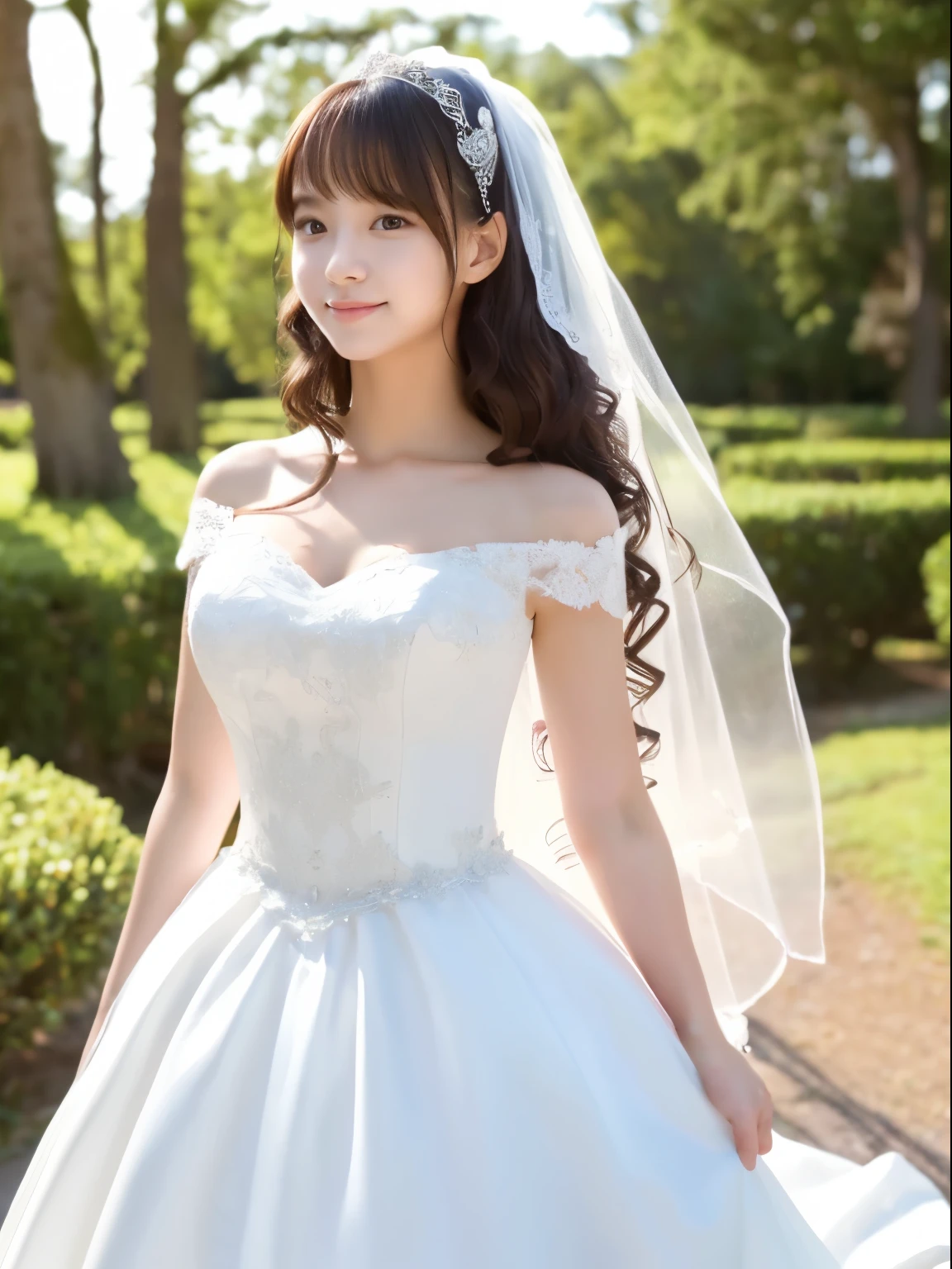 (8k, Top quality, Masterpiece:1.2), (Realistic, photo-realistic:1.37), Super detailed, perfect anatomy, cute, small eyes, wedding dress, 18-years old, a Japanese, girl, wedding aisle,
