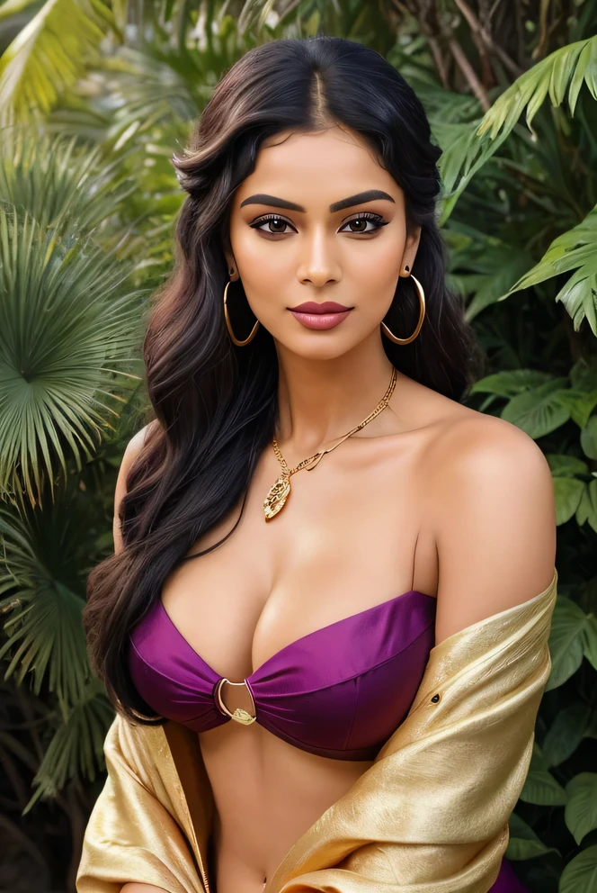 Create an ultra-realistic image of a modern, attractive female influencer of Indian descent, aged between 27 to 30. She should have a warm and inviting smile, expressive almond-shaped eyes with a slight shimmer, and clear, glowing skin with a medium brown complexion. Her features should be well-defined, with high cheekbones and a sharp jawline. Her hair should be a deep, reddish-purple hue that’s bold yet sophisticated, long, thick, and styled in an intricate updo with curls and volume. She should have a slender yet athletic build, reflecting a healthy and active lifestyle.
She is wearing an emerald green georgette saree paired with a gold halter neck blouse that highlights her toned figure. Her bust size is medium (40-42 inches), offering a balanced and proportionate look. Her outfit is completed with stylish black heeled sandals that add elegance to her look. She accessorizes with subtle yet chic jewelry, such as small hoop earrings and a few thin bangles.
The background should be a lush botanical garden or a park with tall, verdant trees, suggesting a serene and natural environment. Her overall appearance should exude confidence, approachability, and sophistication, capturing the essence of a contemporary Indian fashion influencer.