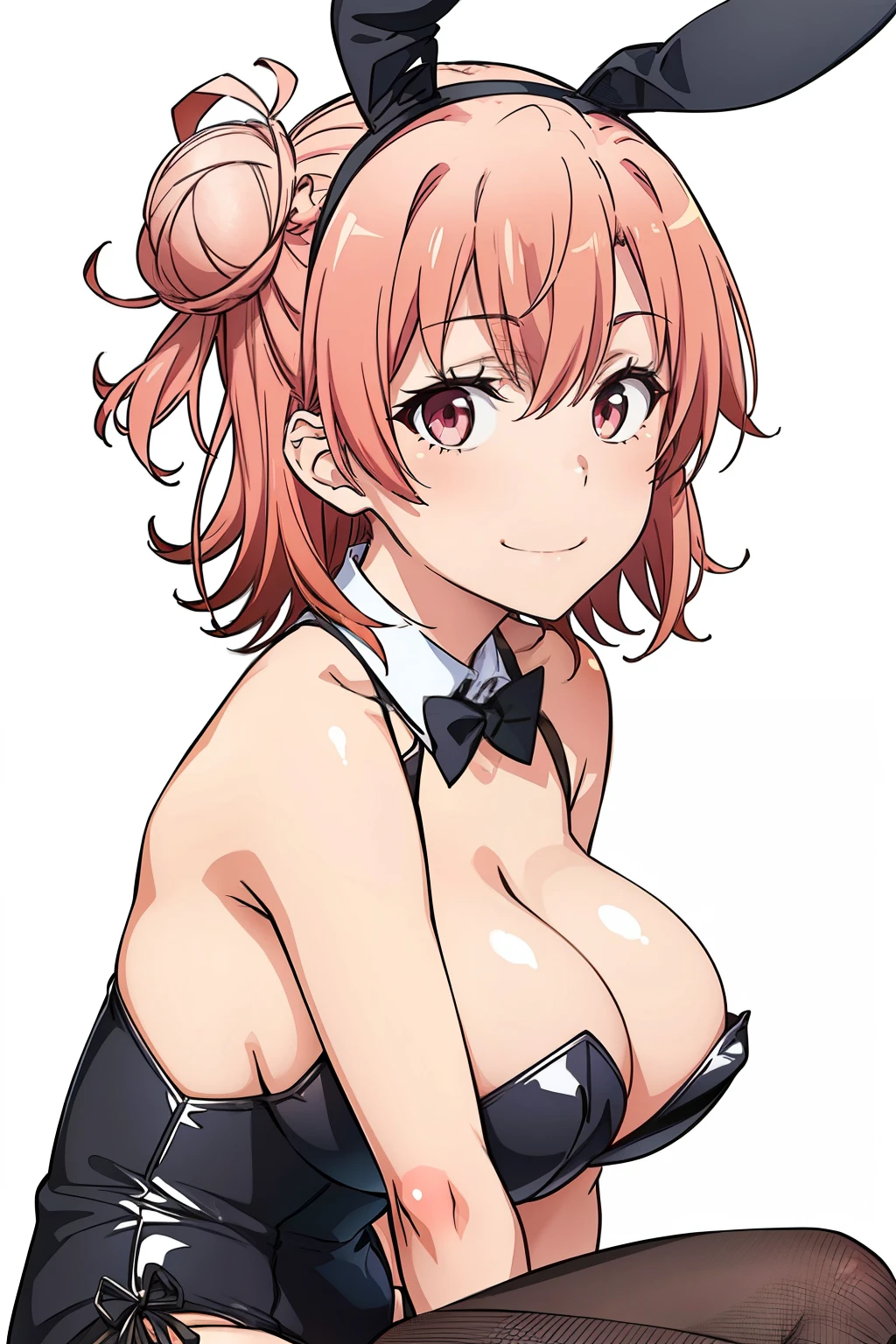 ((masutepiece, Best Quality, hight resolution, nffsw, Perfect Pixel, depth of fields, 4K, )), 1girl in, Solo, , Beautiful anime girl, Beautiful Art Style, close up, Looking at Viewer, Perfect body, side shot, Yuigahama Yui, Short hair, pink hair, pink eyes, hairbun, (large boob), sitting, black playboy bunny outfit, smile, hands on knees, blank white background