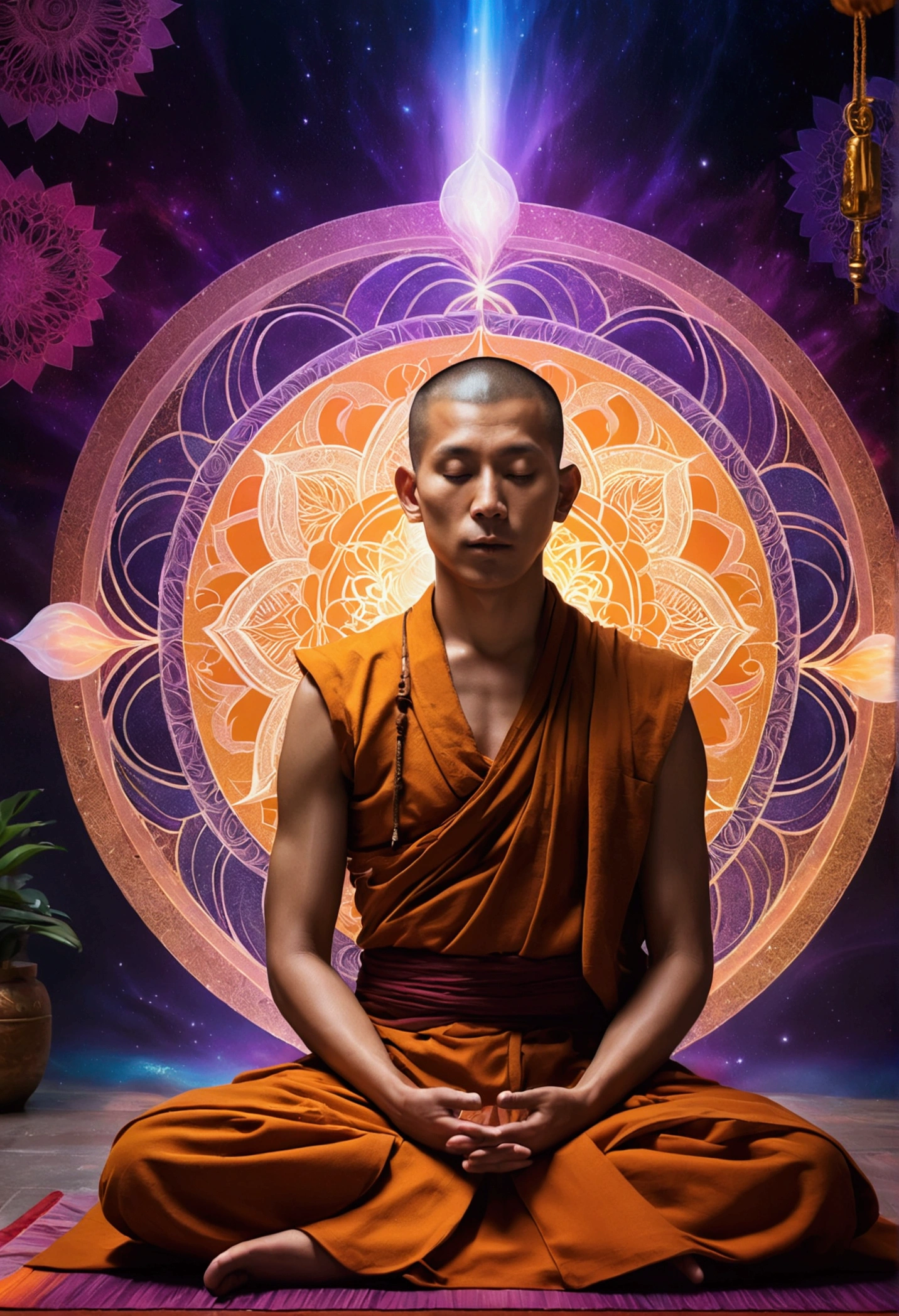 Monk meditating in front of iridescent aura background, mandala style, artgerm, uhd image, Gongbi, harmonia visual, Mystical Mechanism, queencore