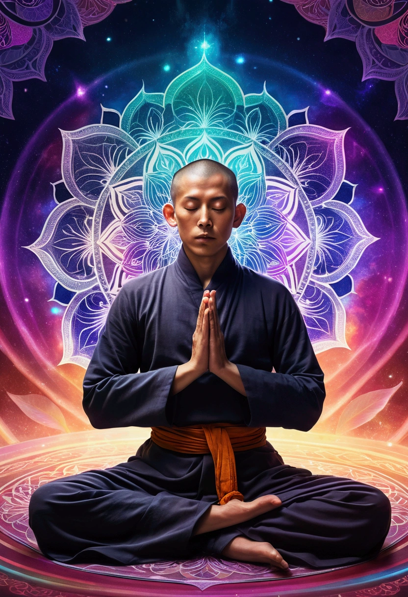 Monk meditating in front of iridescent aura background, mandala style, artgerm, uhd image, Gongbi, harmonia visual, Mystical Mechanism, queencore