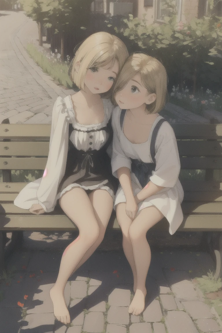 ((2 girls)),cute girl sitting on bench in garden,frilled dirndl,from above,looking up,cobblestone pavement,blonde hair,fine bob cut,(hair over one eye),(dappled sunlight:1.2),blurry,(depth of field:1.1),head tilt,:o,(petals),tree,butterfly, barefoot, no panties, showing pussy, legs spread, uncensored