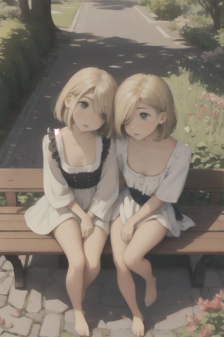 ((2 girls)),cute girl sitting on bench in garden,frilled dirndl,from above,looking up,cobblestone pavement,blonde hair,fine bob cut,(hair over one eye),(dappled sunlight:1.2),blurry,(depth of field:1.1),head tilt,:o,(petals),tree,butterfly, barefoot, no panties, showing pussy, legs spread, uncensored