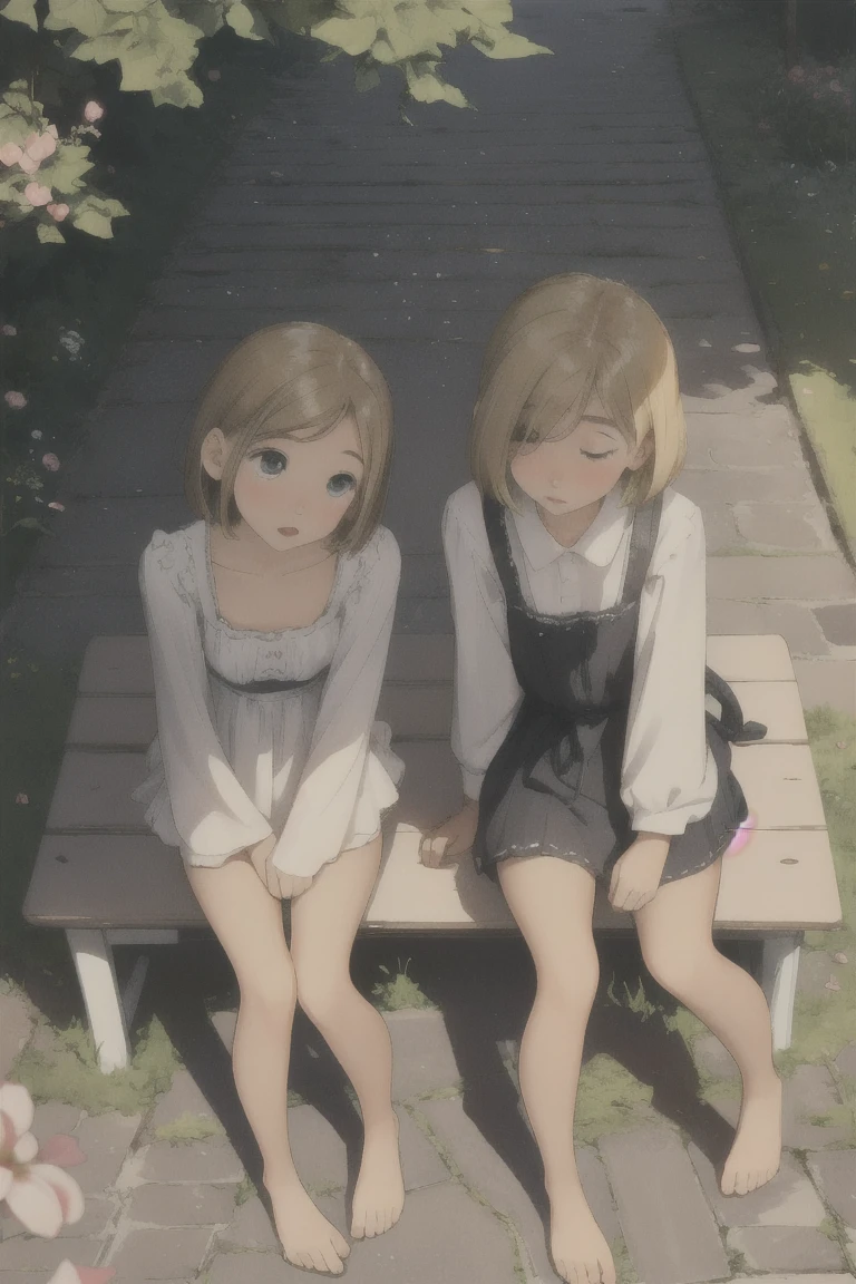 ((2 girls)),cute girl sitting on bench in garden,frilled dirndl,from above,looking up,cobblestone pavement,blonde hair,fine bob cut,(hair over one eye),(dappled sunlight:1.2),blurry,(depth of field:1.1),head tilt,:o,(petals),tree,butterfly, barefoot, no panties, showing pussy, legs spread, uncensored