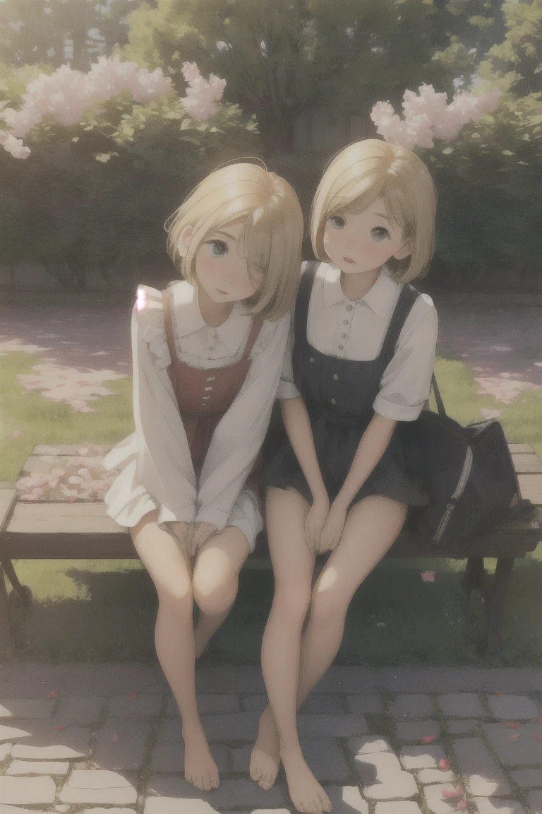 ((2 girls)),cute girl sitting on bench in garden,frilled dirndl,from above,looking up,cobblestone pavement,blonde hair,fine bob cut,(hair over one eye),(dappled sunlight:1.2),blurry,(depth of field:1.1),head tilt,:o,(petals),tree,butterfly, barefoot, no panties, showing pussy, legs spread, uncensored