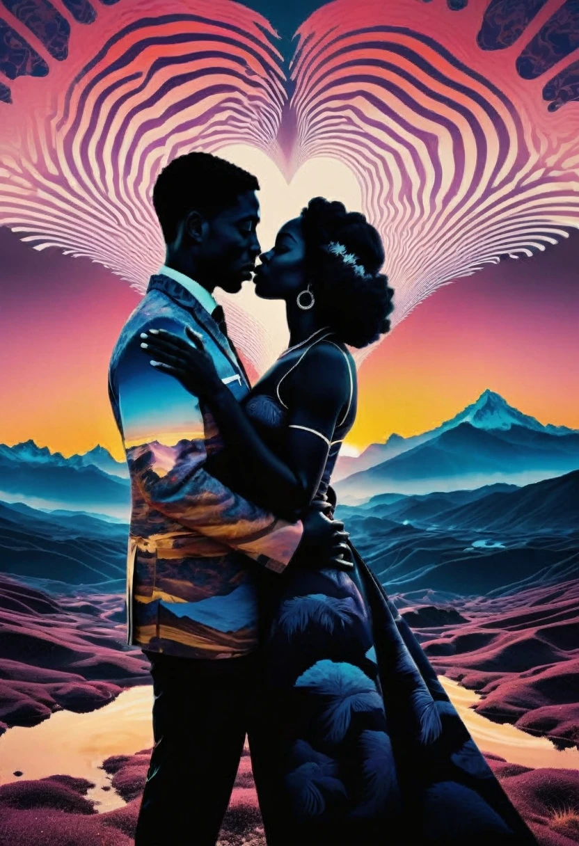 Immerse yourself in the captivating world of double-exposure psychedelic photography. This double exposure photography prompt showcases a captivating double exposure photograph. In this visual masterpiece, we witness the seamless fusion of two contrasting elements. The first subject is the front layer of a black couple a black woman hugging her husband and the second layer presents the background subject psychedelic vibrant landscape, sunrise, forests and heart shapes In this image prompt, witness the harmonious coexistence of two realms, brought to life through clean, sharp focus against a pristine white background. The colors are vivid, the focus is razor-sharp, and the composition is flawlessly balanced.