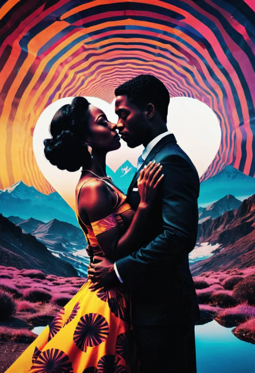 Immerse yourself in the captivating world of double-exposure psychedelic photography. This double exposure photography prompt showcases a captivating double exposure photograph. In this visual masterpiece, we witness the seamless fusion of two contrasting elements. The first subject is the front layer of a black couple a black woman hugging her husband and the second layer presents the background subject psychedelic vibrant landscape, sunrise, forests and heart shapes In this image prompt, witness the harmonious coexistence of two realms, brought to life through clean, sharp focus against a pristine white background. The colors are vivid, the focus is razor-sharp, and the composition is flawlessly balanced. 