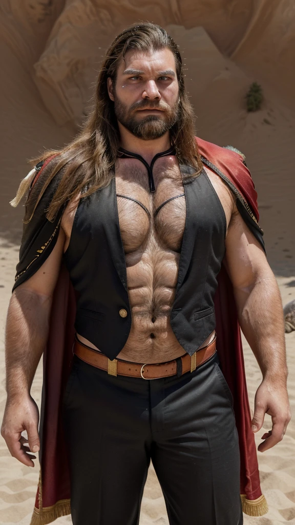 generates a man, very handsome, with marked and perfect fractions with long hair and a short beard, his body is muscular and very hairy, he is very sweaty all over his body, he is wearing a bullfighter's suit, his vest is unbuttoned, revealing a little his abdomen, he has a very large red cape in his hand, which hangs and next to him there is a bull (animal), a very large black bull, he is in a space full of sand, and around him there are many people applauding