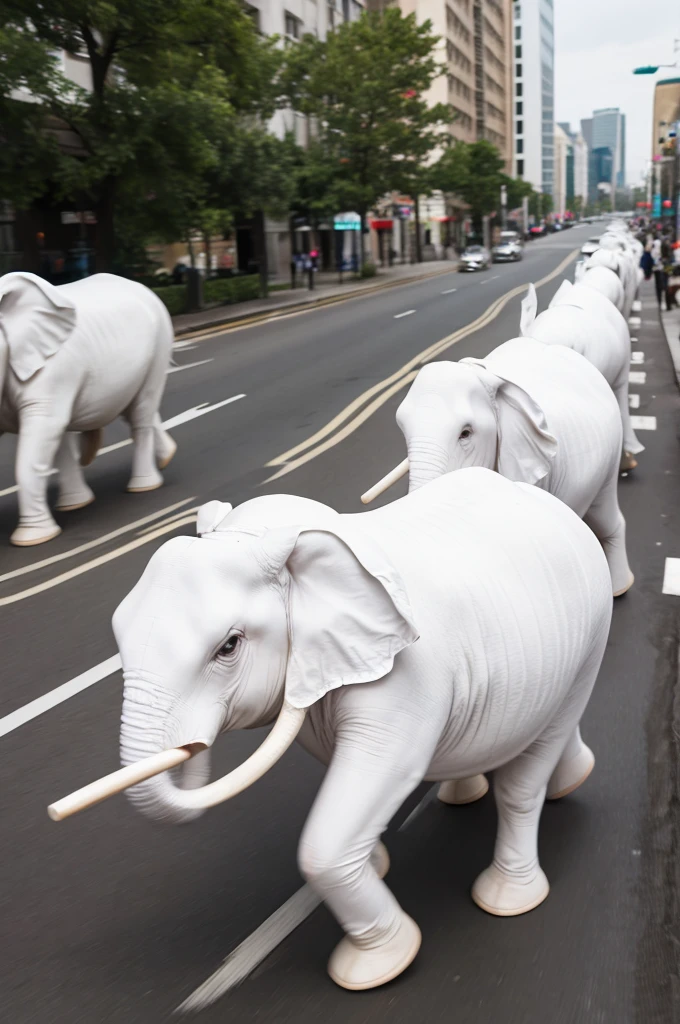 White elephants are running to avoid people.