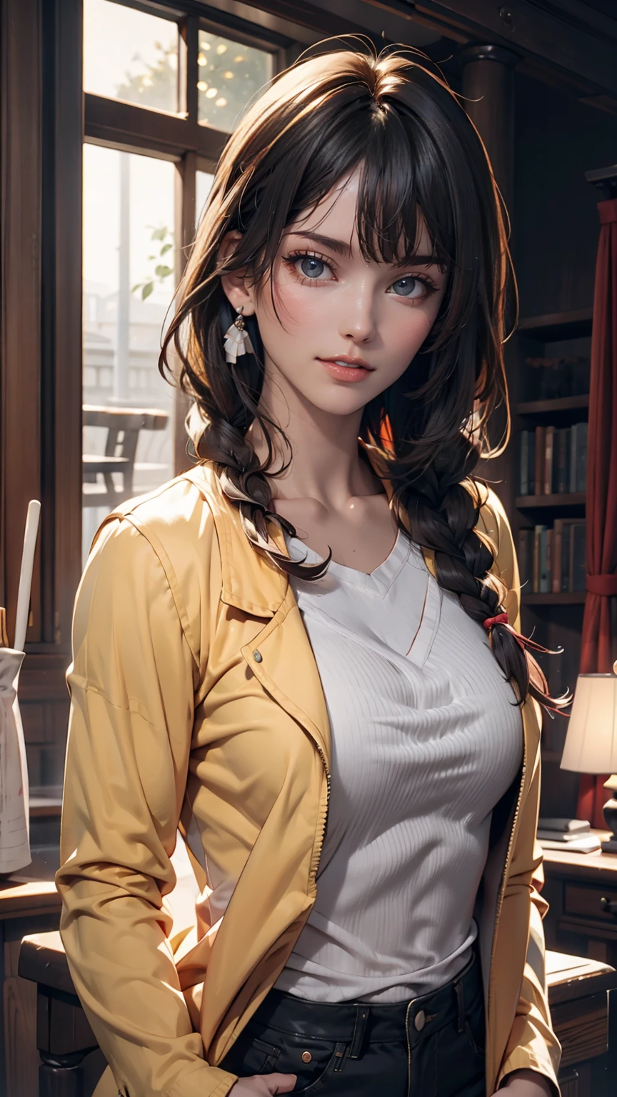 girl, Yellow Jacket, Put your hands in your pockets, Gazing at Other People, Long black hair, heterochromatic eyes, heterochromatic eyes, Heterochromatic pupil, 8k resolution, Very detailed, Anatomically correct, Digital Painting, Concept Art, Makoto Shinkai style, Clear images、Sexy proportions、Long eyelashes、Long neck、slender limbature female body、Deco bangs((bangs pinned back))、Side braids((side braid))、A see-through shirt