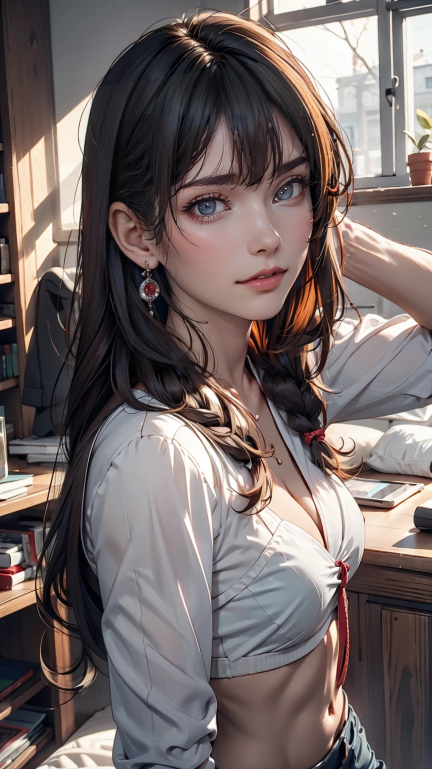 girl, Yellow Jacket, Put your hands in your pockets, Gazing at Other People, Long black hair, heterochromatic eyes, heterochromatic eyes, Heterochromatic pupil, 8k resolution, Very detailed, Anatomically correct, Digital Painting, Concept Art, Makoto Shinkai style, Clear images、Sexy proportions、Long eyelashes、Long neck、slender limbature female body、Deco bangs((bangs pinned back))、Side braids((side braid))、A see-through shirt