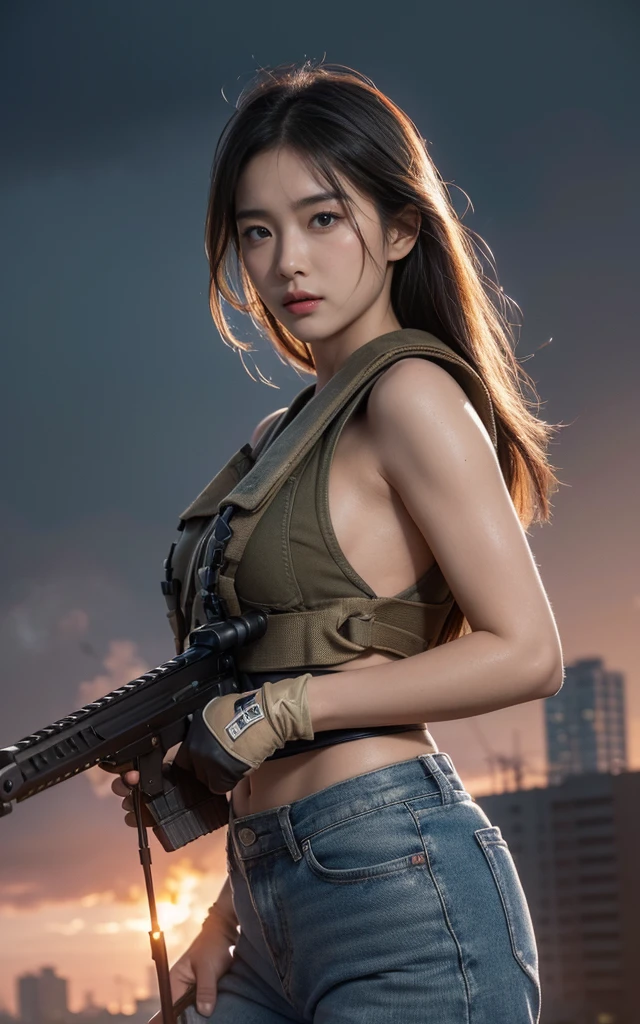 (8K, RAW photos, best quality, masterpiece:1.2),(Practical, Practicalな写真:1.4),(非常に詳細な CG Unity 8K 壁紙),(Round Face: 1.5), (Fine pupils:1.3),(Cold eyes:1.1),(Smile:1.1),(Unforgettable eyes:1.1),(You have beautiful eyes:1.1),
24 years old, Japanese women, Dirty face, covered in wounds、Bronze skin, You are wearing clothes.s. Marines,Bulletproof vest、Backpack、heavy machine、 Battles on the battlefield, Strong muscles, World War, Modern warfare theme,Girl, Assault rifle with precise details, (Grip the rifle: 1.3), (Aim and hold the rifle.: 1.3), Shootout, , car on fire, War Zone,, explode, Burning City, cigarette, Broken Tower, belly button, Gloves, Torn pants, Face covered in dirt and blood, Sweating of the skin, Bloody Skin, muddy skin, Declaration of determination, Precise expression, best quality, Ultra-high resolution, Practicalな, 、Physically Based Rendering(Physically Based Rendering(Physically Based Rendering)), Cinema Lighting, complicated, Feeling,Soft Light, Pleasant tone, Battlefield Background, city war background, Practical, Cowboy shooting, Dynamic Angle,, Mahindra Thar, electric wire, 8K!!, 偉大なmasterpiece,, Production: Tom Karafik,