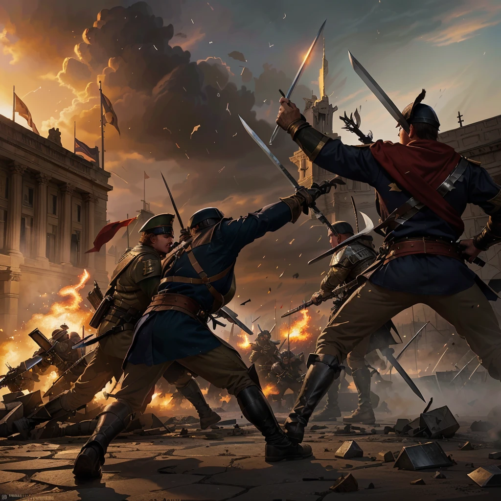 soldiers in uniform fight with swords in front of a building, detailed game art illustration, game illustration, background: battle scene, inspired by John Trumbull, by Roman Bezpalkiv, stormy and grand war scene, official art, official artwork, roleplaying game art, rpg rulebook illustration, key art, europa universalis iv, epic full color illustration