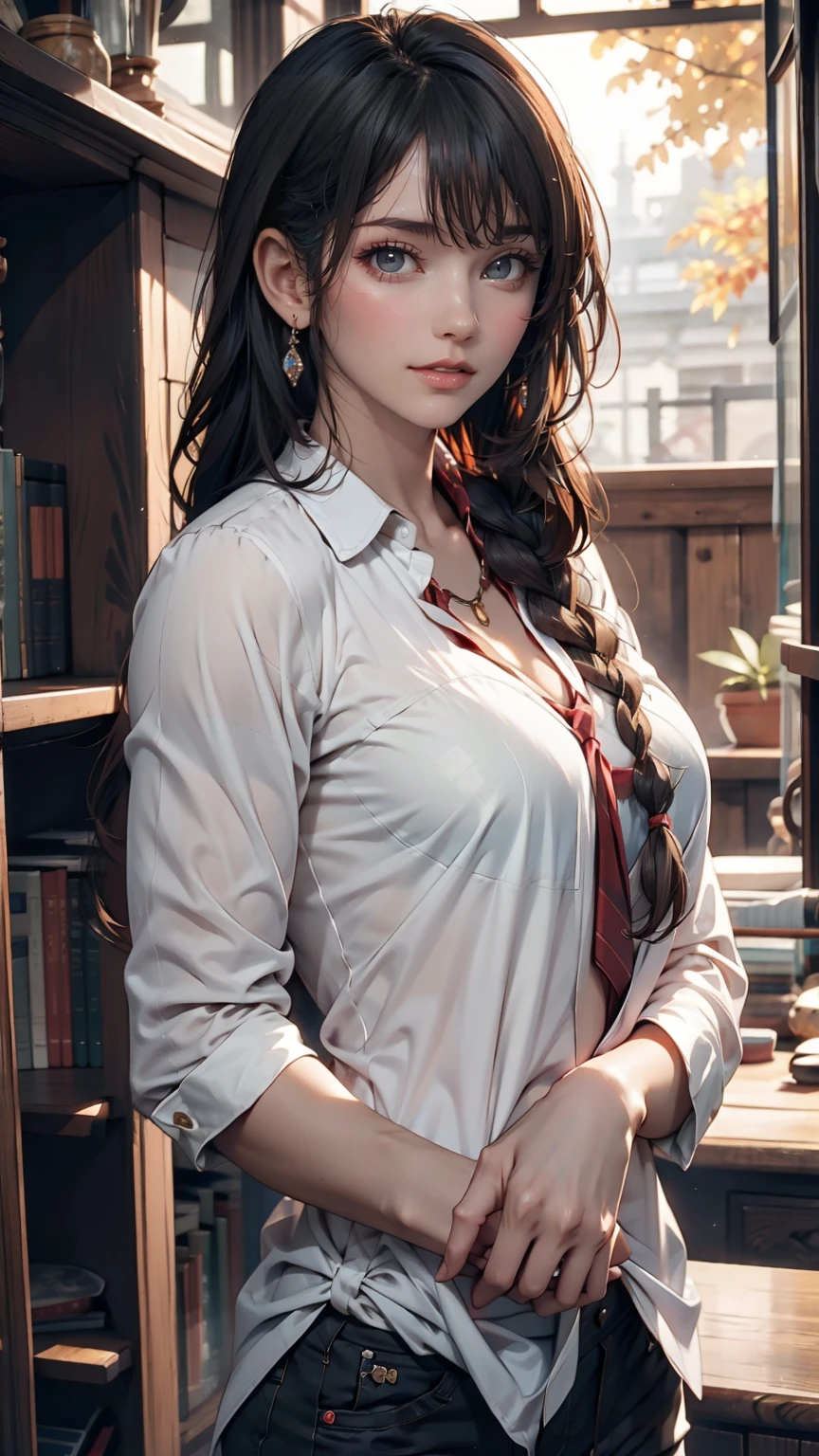 girl, Yellow Jacket, Put your hands in your pockets, Gazing at Other People, Long black hair, heterochromatic eyes, heterochromatic eyes, Heterochromatic pupil, 8k resolution, Very detailed, Anatomically correct, Digital Painting, Concept Art, Makoto Shinkai style, Clear images、Sexy proportions、Long eyelashes、Long neck、slender limbature female body、Deco bangs((bangs pinned back))、Side braids((side braid))、A see-through shirt