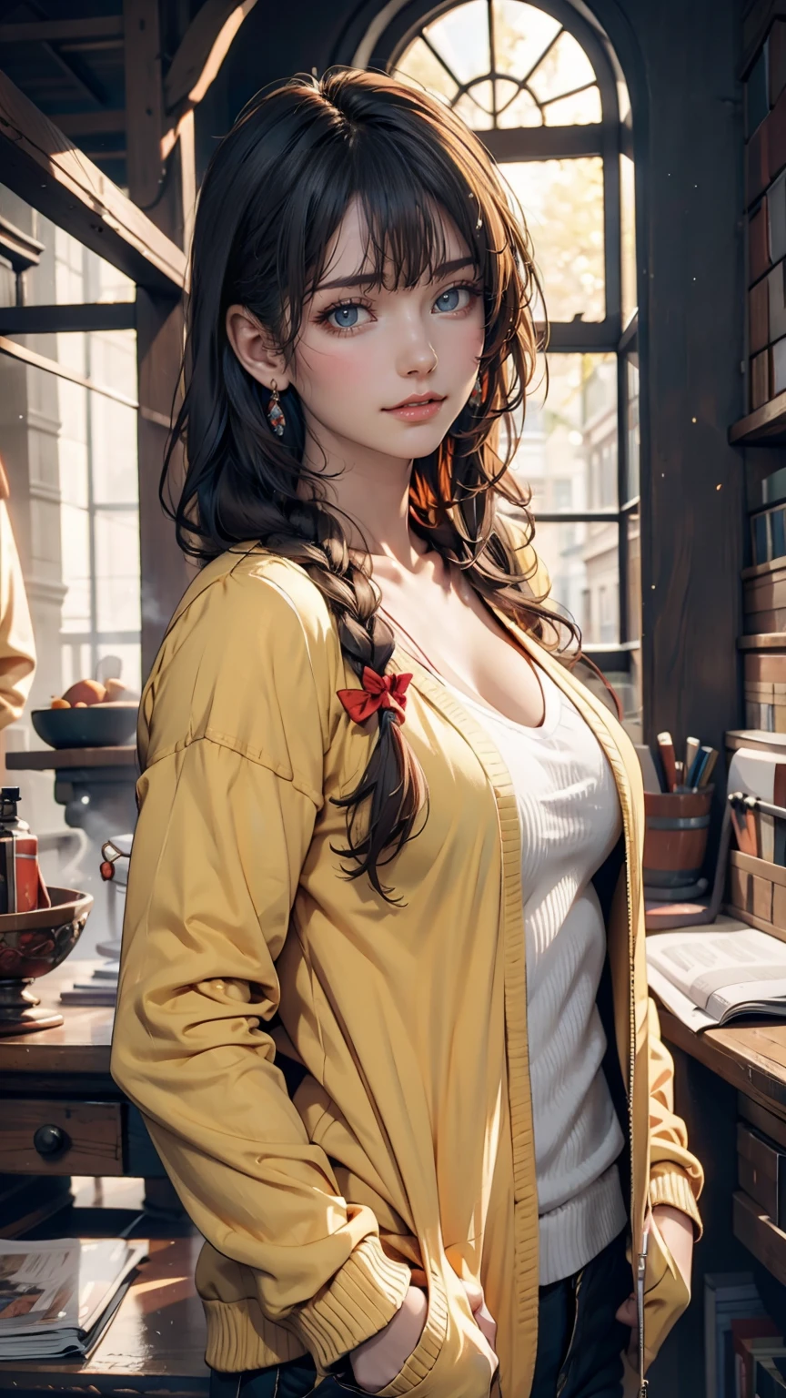 girl, Yellow Jacket, Put your hands in your pockets, Gazing at Other People, Long black hair, heterochromatic eyes, heterochromatic eyes, Heterochromatic pupil, 8k resolution, Very detailed, Anatomically correct, Digital Painting, Concept Art, Makoto Shinkai style, Clear images、Sexy proportions、Long eyelashes、Long neck、slender limbature female body、Deco bangs((bangs pinned back))、Side braids((side braid))、A see-through shirt