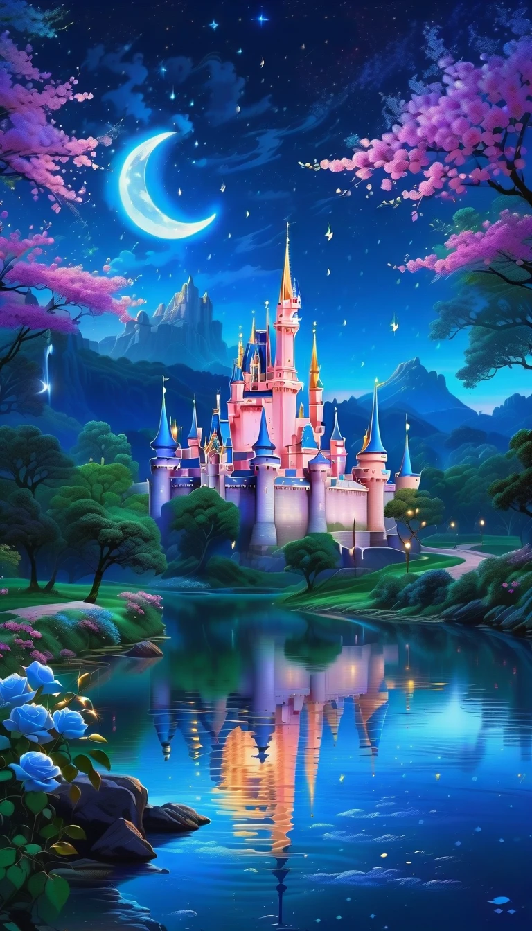 fantastic scenery、A beautiful and mysterious river flows through the center.、 along the river, Light blue rose blooms without gaps.、mysterious atmosphere、Crescent Moon and Moonlight、stars twinkling、Several meteors are falling、Cinderella Castle looks small on the hill in the distance、The castle is reflected in the river16:9
