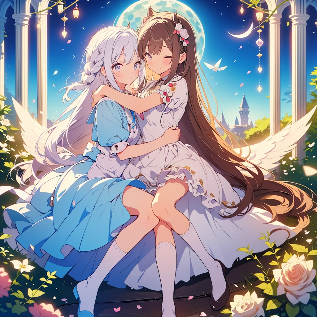 kawaii, anime, Cute, hyper quality, highly detailed, 8k, Front facing, Clarity, dark brown long hair, smile, white rose, Set in Alice's Wonderland, planted white roses, white rose petals are dancing, Draw facial expressions in detail, striped overknee socks, Alice's maid costume with big ribbon, mark with sue, playing cards, clock, fairy tale, fantasy, shine of light, highlight on eyes, close your eyes and smile, The bodies of the two sisters dance, Gradation of evening and night sky, full moon and crescent moon, whole body, Twisted trees of different sizes, twisted ivy, dark brown semi-long hair, white roses bloom, white rose petals, small angel wings on the back, striped long socks, The sky dyed in twilight, rising ground, ribbon headband, undulating rose thorns,