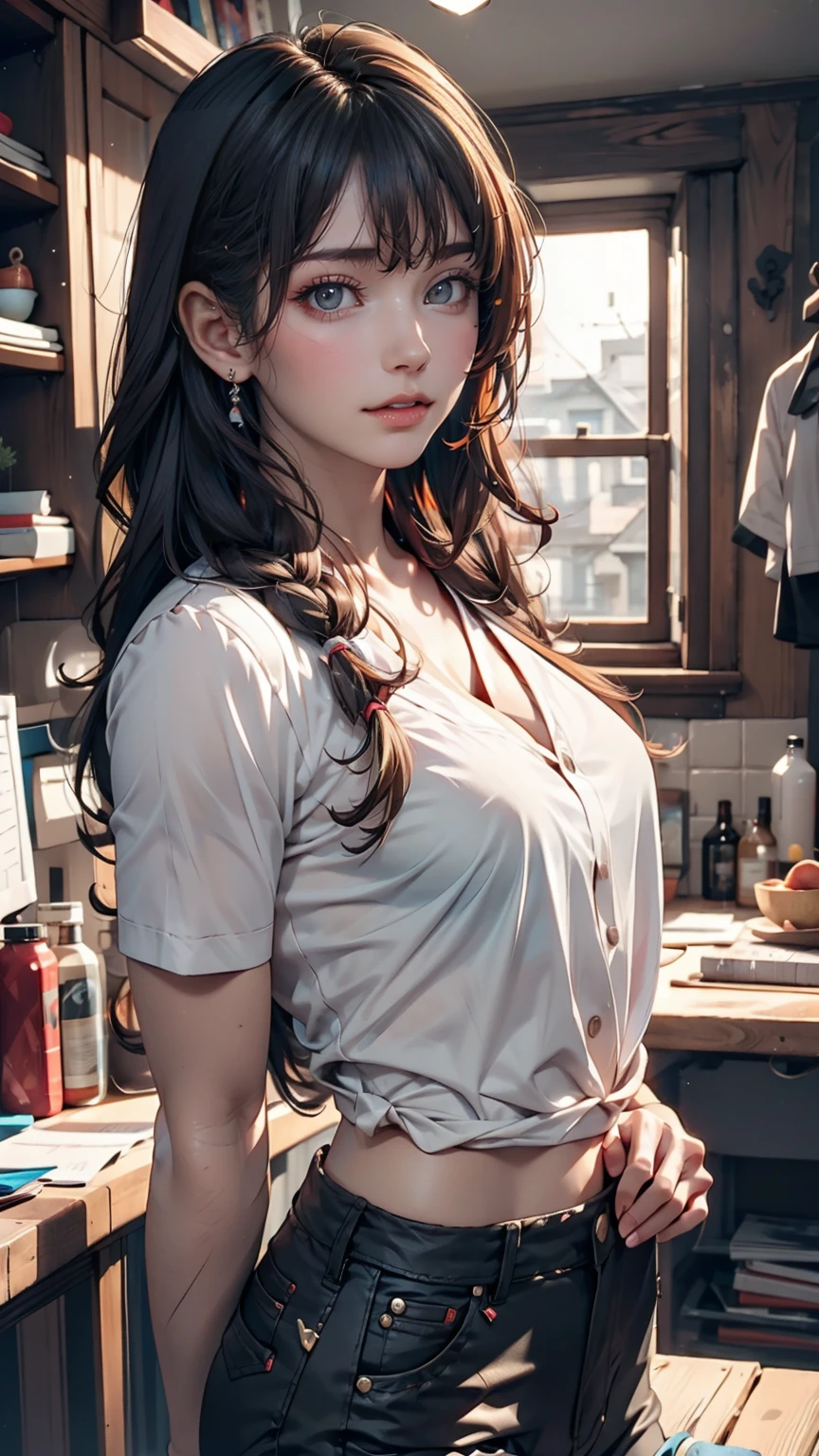 girl, Yellow Jacket, Put your hands in your pockets, Gazing at Other People, Long black hair, heterochromatic eyes, heterochromatic eyes, Heterochromatic pupil, 8k resolution, Very detailed, Anatomically correct, Digital Painting, Concept Art, Makoto Shinkai style, Clear images、Sexy proportions、Long eyelashes、Long neck、slender limbature female body、Deco bangs((bangs pinned back))、Side braids((side braid))、A see-through shirt