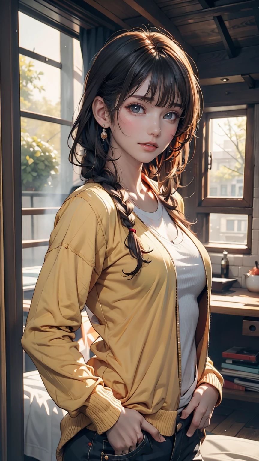 girl, Yellow Jacket, Put your hands in your pockets, Gazing at Other People, Long black hair, heterochromatic eyes, heterochromatic eyes, Heterochromatic pupil, 8k resolution, Very detailed, Anatomically correct, Digital Painting, Concept Art, Makoto Shinkai style, Clear images、Sexy proportions、Long eyelashes、Long neck、slender limbature female body、Deco bangs((bangs pinned back))、Side braids((side braid))、A see-through shirt