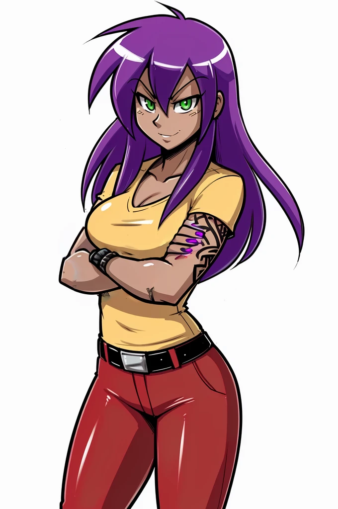 (adult, sketch-ish, 2d, absurdres, best quality, uploaded on e621), (by uc77, by zeekzag, by skidd, by john joseco, by kadath, by bigdad, by shonuff, by scappo), ((white background, no background:1.4)), (waist portrait, manga styled, manga styled eyes, intense pupils, getter robo styled eyes), ((red pants, bermuda pants, knee-length pants:1.4)), ((adult, light dark skin, female, human, spanish, latin:1.2)), (medium straight hair, bright purple hair), (green eyes:1.5), (mischievous and sinister expression, not entirely evil, closed smile, angry eyebrows), [small lipstick], yellow shirt, grey pants or jeans, (fancy weaponized fingernails, tattoos all over arms up to the wrist of the hands, glowing purple nails), crossed arms