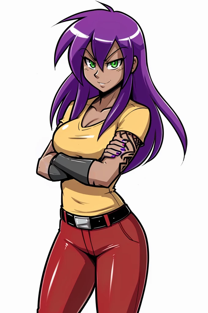 (adult, sketch-ish, 2d, absurdres, best quality, uploaded on e621), (by uc77, by zeekzag, by skidd, by john joseco, by kadath, by bigdad, by shonuff, by scappo), ((white background, no background:1.4)), (waist portrait, manga styled, manga styled eyes, intense pupils, getter robo styled eyes), ((red pants, bermuda pants, knee-length pants:1.4)), ((adult, light dark skin, female, human, spanish, latin:1.2)), (medium straight hair, bright purple hair), (green eyes:1.5), (mischievous and sinister expression, not entirely evil, closed smile, angry eyebrows), [small lipstick], yellow shirt, grey pants or jeans, (fancy weaponized fingernails, tattoos all over arms up to the wrist of the hands, glowing purple nails), crossed arms